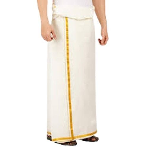 Mens Plain White Traditional Wear Zari Border Cotton Dhoti  Chest Size: Medium