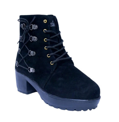 Dark Blue Party Wear Fashionable Medium Heel And Lace Up Velvet Boots For Ladies