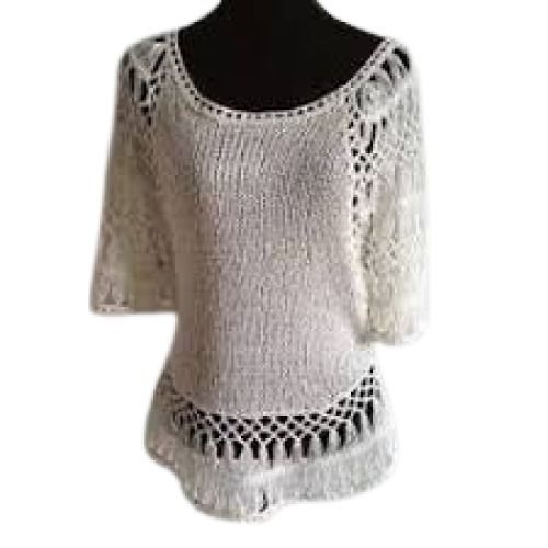 White Casual Wear Plain 3/4Th Sleeve Comfortable Chiffon Knitted Top For Ladies