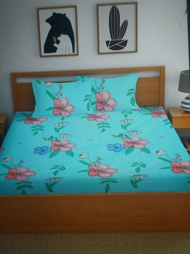 Floral Print Design Elastic Poly Cotton Double Bed Sheet With 2 Pillow Cover