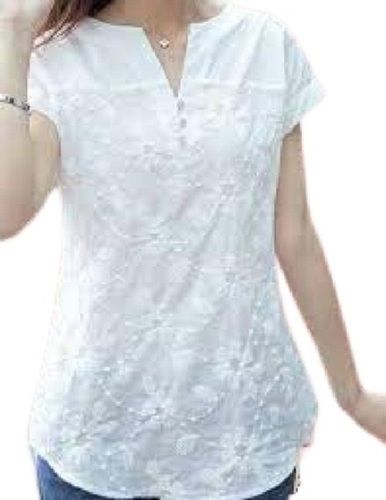 Ladies Embroidered White Short Sleeve Casual Wear Cotton Top Length: 14 Inch (In)