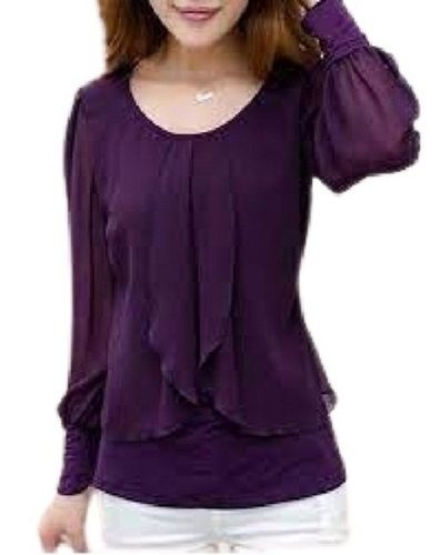 Dark Lavendar Ladies Plain Round Neck Long Sleeve Casual Wear Fancy Chiffon Top