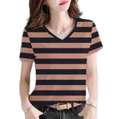 Brown With Black Ladies Striped V Neck Short Sleeve Casual Wear Cotton T Shirt