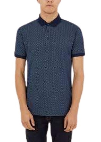 Blue Printed Casual Wear Polo Neck Mens Cotton T Shirt