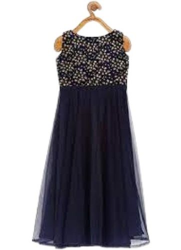 Navy Blue  Plain Pattern Sleeveless Polyester Western Frock For Baby Girls