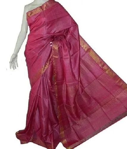 Ladies Party Wear Plain Tussar Silk Sarees With Matching Blouse