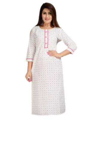 White 42 To 46 Inches Modern Plain Three Fourth Sleeves Cotton Kurti For Ladies