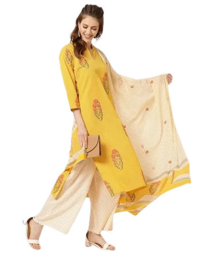 Yellow And Cream Medium Plain Comfortable Breathable Washable Cotton Printed Ladies Fancy Suit