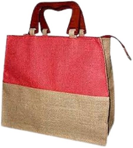 Red With Brown Plain Long Lasting Reusable Water Resistant Hand Length Handle Jute Bag