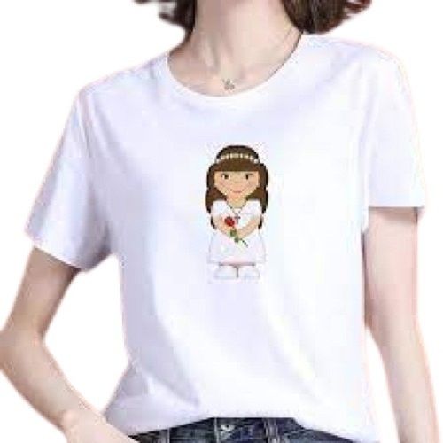 White Printed Short Sleeve Round Neck Cotton Casual Wear T-Shirt For Ladies