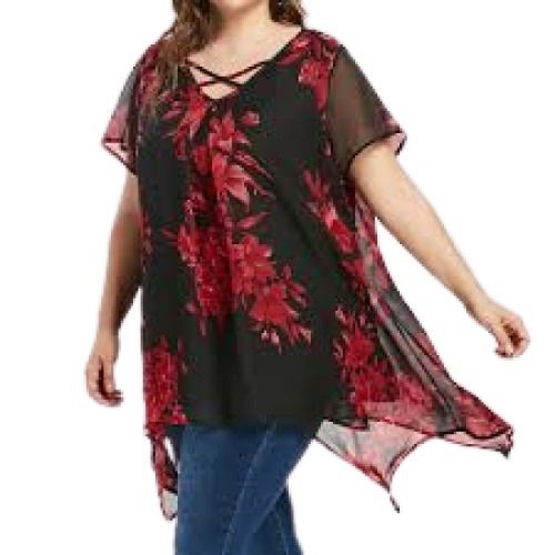 Red With Black Women Half Sleeve Printed Pattern Chiffon Fabric Top 