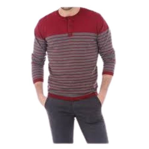 Red With Grey Long Sleeve Style Striped Pattern Knitted Cotton T-Shirt For Men