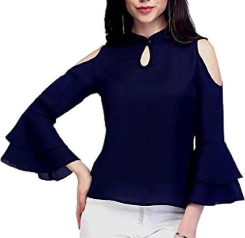 Blue Plain Full Sleeve 40 Inch Stylish Trendy Casual Wear Cotton Top For Women