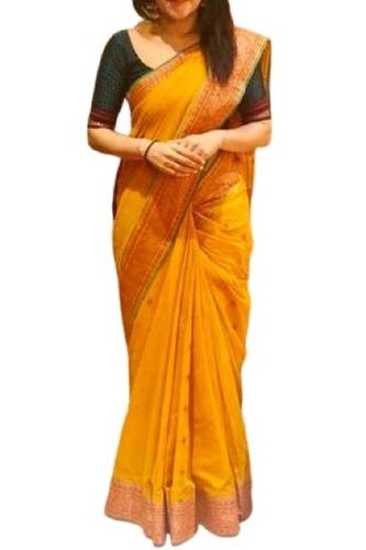 Yellow Plain Traditional Trendy Casual Wear Patch Work Art Silk Saree For Women