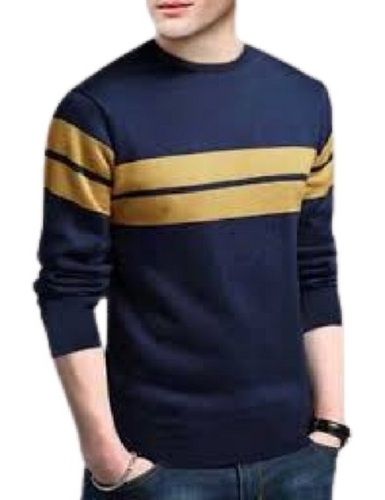 Navy Blue With Yellow Printed Pattern Long Sleeve Round Neck Cotton T-Shirt For Men