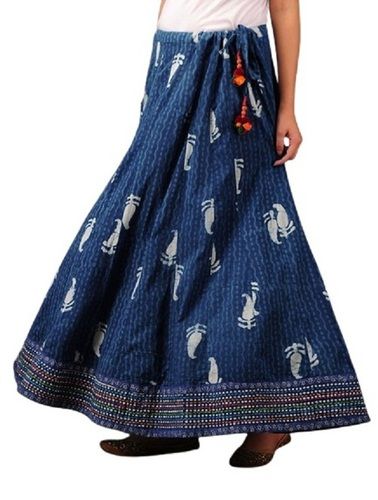 Maxi 40 Inches Long Ladies Printed Casual Wear Blue Cotton Long Skirt For Summer