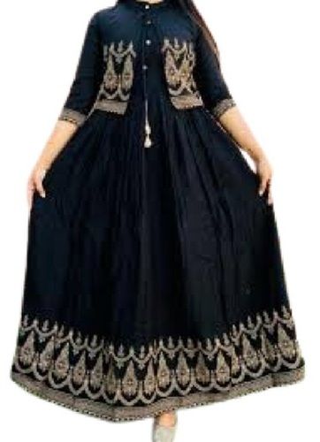 Black With Gold Ladies Printed Chikan Kurti