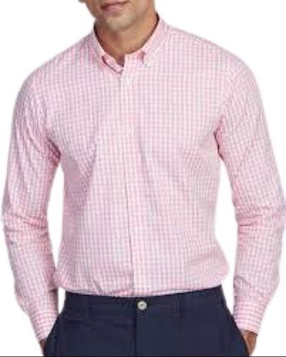 Pink Mens Formal Wear Striped Straight Collar Full Sleeves Cotton Shirts