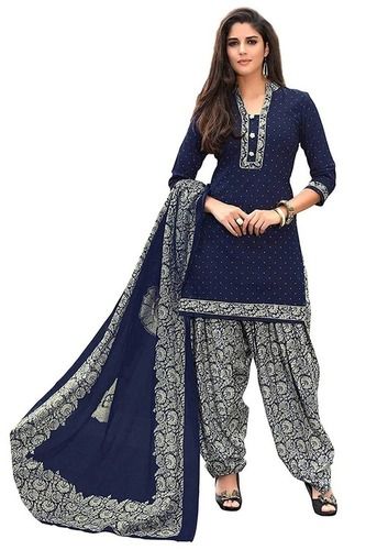 Blue And White 3/4 Sleeves Designer Border Printed Salwar Suits With Dupatta For Ladies