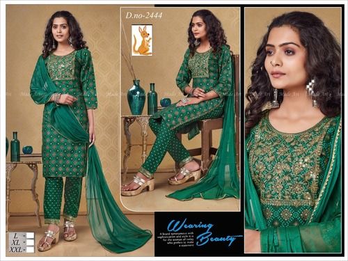 Ladies Designer Party Festival Wear Green 3/4th Sleeves Side Slit Kurtis