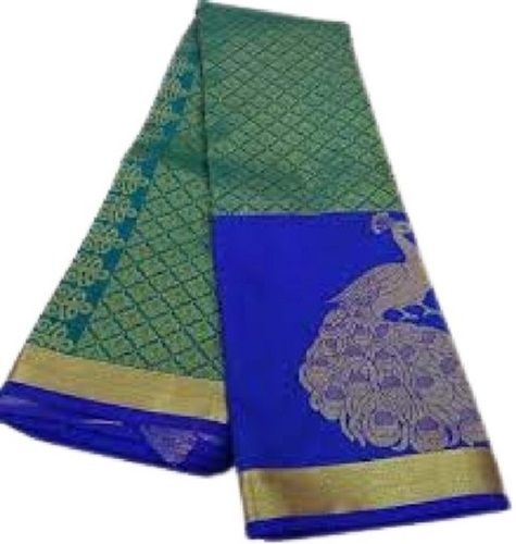 Cotton Ladies Printed Traditional Wear Green With Blue Art Silk Saree 