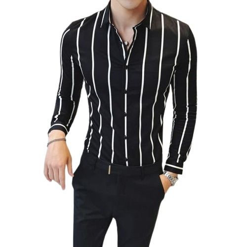 Mens Breathable Black With White Full Sleeve Formal Wear Cotton Shirts