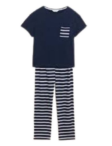 Blue With White Short Sleeve Striped Pattern Cotton Night Suit Set For Ladies