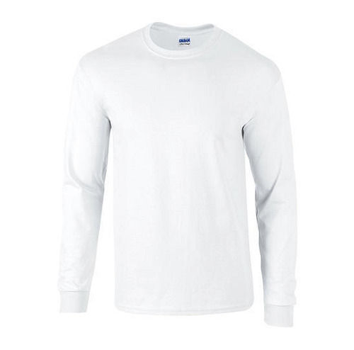 Mens Solid Plain Round Neck Full Sleeves White Cotton T-shirts For Regular Wear