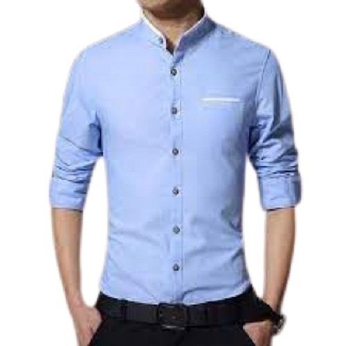 Sky Blue Formal Wear Breathable Full Sleeve Straight Collar Plain Cotton Shirts For Men 