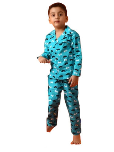 Blue Washable And Breathable Full Sleeves Printed Cotton Nightwear For Kids