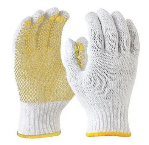 Yellow And White Washable Full Fingered Cotton Knitted Plain Hand Gloves