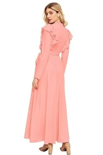 Light Pink Casual Wear Modern Style Full Sleeves Nylon Long Dress For Ladies