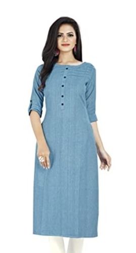 Casual Wear Three Fourth Sleeves Round Neck Plain Cotton Kurti For Ladies