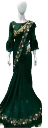 Green Designer Party Wear Embroidered Cotton Saree With Blouse For Ladies