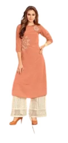 Orange And White Fashionable Plain Round Neck Printed Cotton Palazzo Suit For Ladies