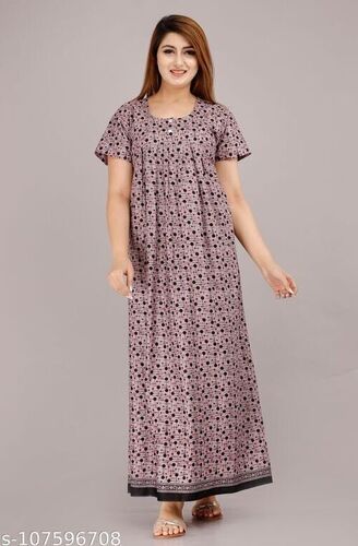 Grey And Black Full Length Cotton Printed Nighty 