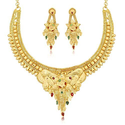 Ladies Gold Necklace Earring Set For Party And Festival Wear