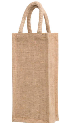 Brown Plain Pattern Bottle Jute Bag With Hand Length Handle