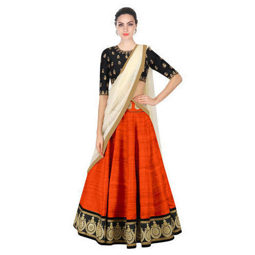 Multicolor Women'S Modern Embroidered Semi Stitched Half Sleeves Silk Lehenga And Dupatta Set