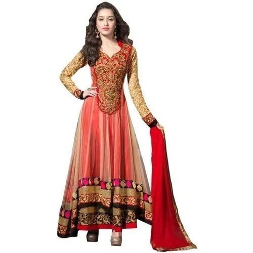 Multicolor Full Sleeve Laces Decoration Embroidered Ethnic Net Anarkali Dress