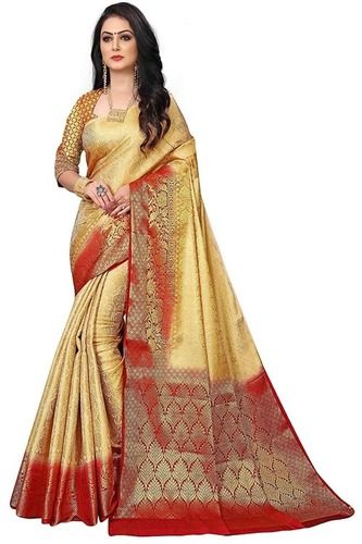 Red And Golden Party Wear Embroidered Art Silk Banarasi Sarees For Ladies