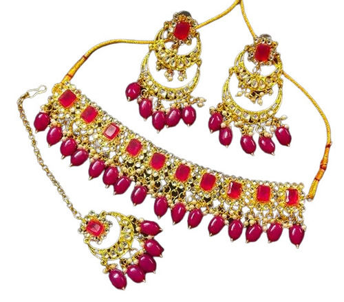 Ruby Pink Pearl Kundan Choker Full Fashion Necklace Set With Earring