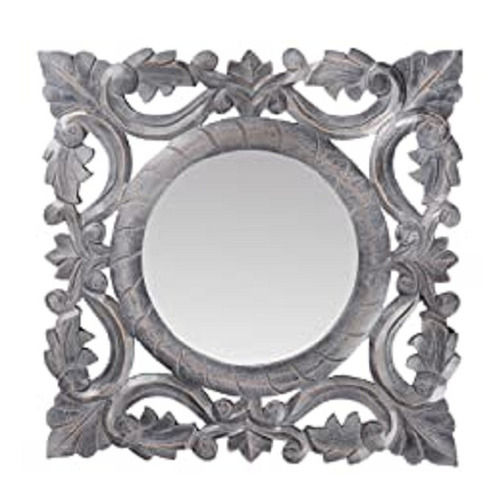 Gray Wood Frame Round Glass Decorative Mirror