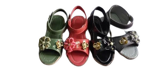 Low Platform Heel Flower And Stone Decorated Classy Leather Sandal For Girl Kids