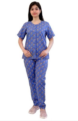 Blue Short Sleeve Printed Cotton Night Suit For Ladies 