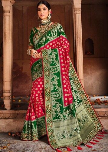 Buy Peacock Green & Red - Banarasi Silk with zari woven floral motifs on  the body & Zari Border online | T. Nagar from ShrusEternity