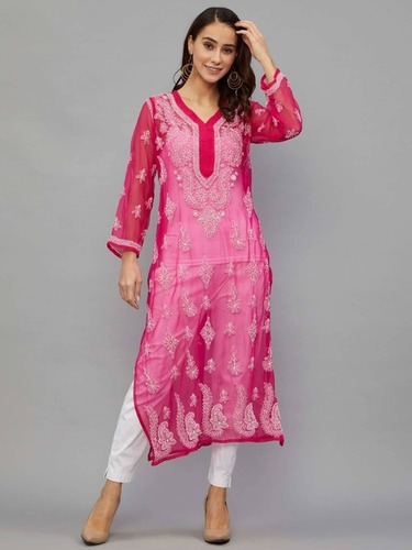 Buy Awadh Chikan Craft Womens Cotton Lucknowi Chikankari Embroidery Work  Paisley Design Full Sleeve Long Kurti with Button Maroon Small at  Amazonin