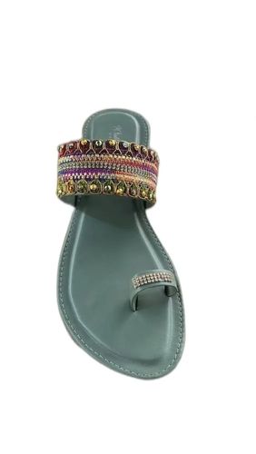 Sea Green Flip Flop Modern Open Toe Buckle Closure Leather Formal Women Embroidery Slipper