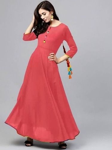 Washable Skin Friendly Party Wear Plain Pink Long Rayon Gown