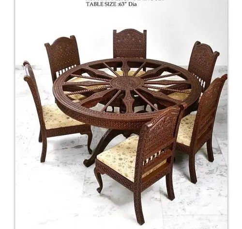  छह कुर्सी और एक गोल मेज के साथ ब्राउन फिनिश लकड़ी का डाइनिंग सेट 